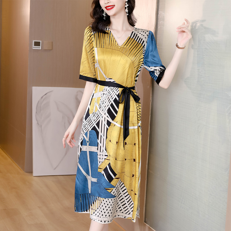 Summer Print Silk Fashion Light V-Neck Midi Dress Women Short Sleeve Elegant Loose Casual Dress 2022 Korean Vintage Party Dress alx