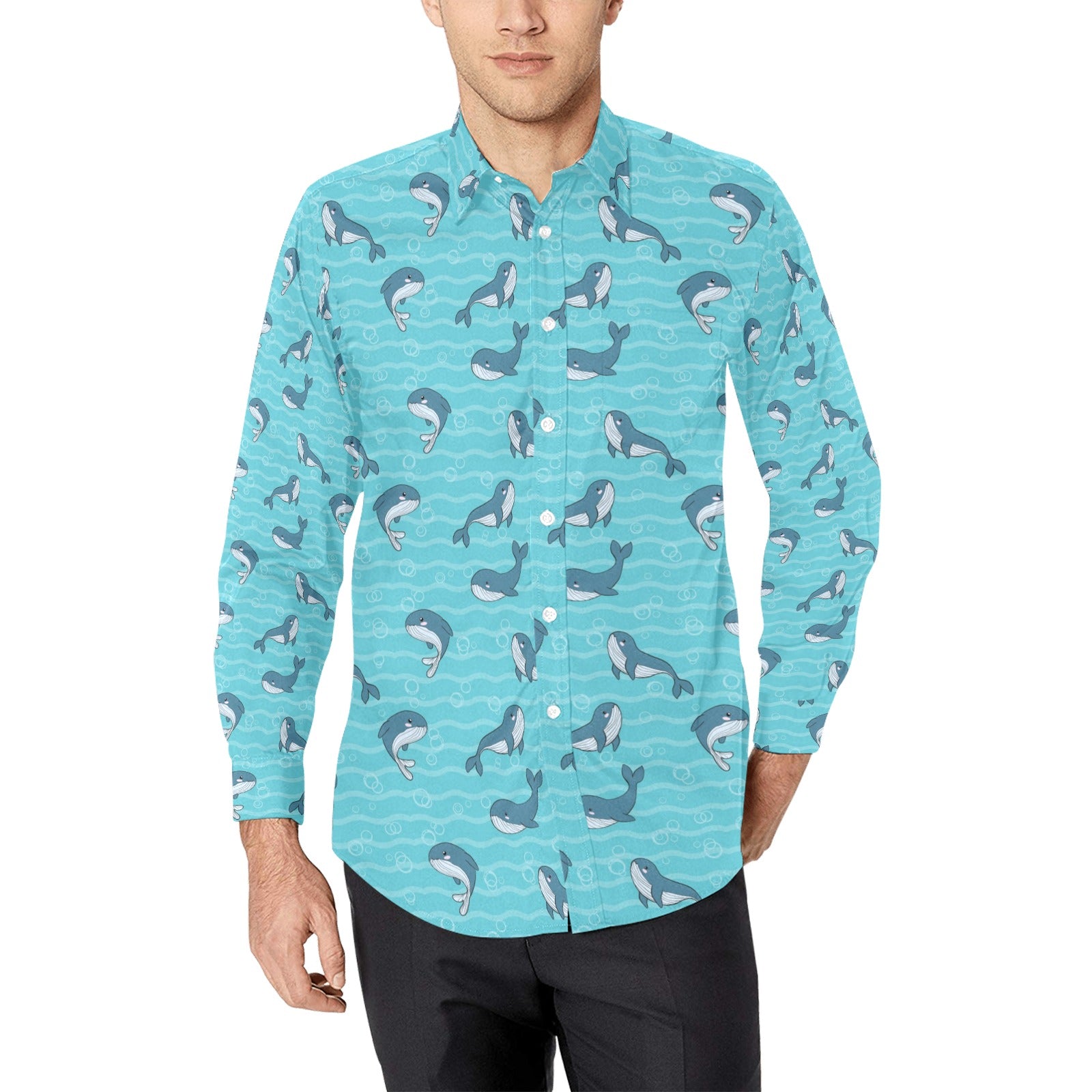 Whale Print Design Lks303 Long Sleeve Dress Shirt