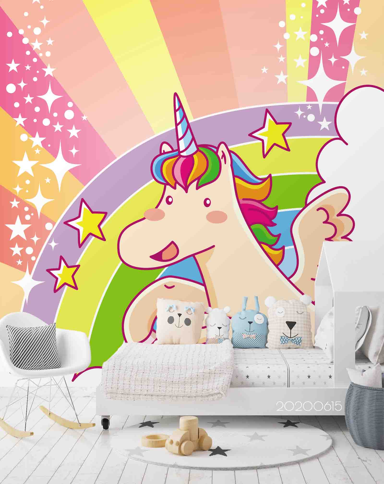 3D Cartoon Glowing Star Unicorn Wall Mural Wallpaper Lxl 227