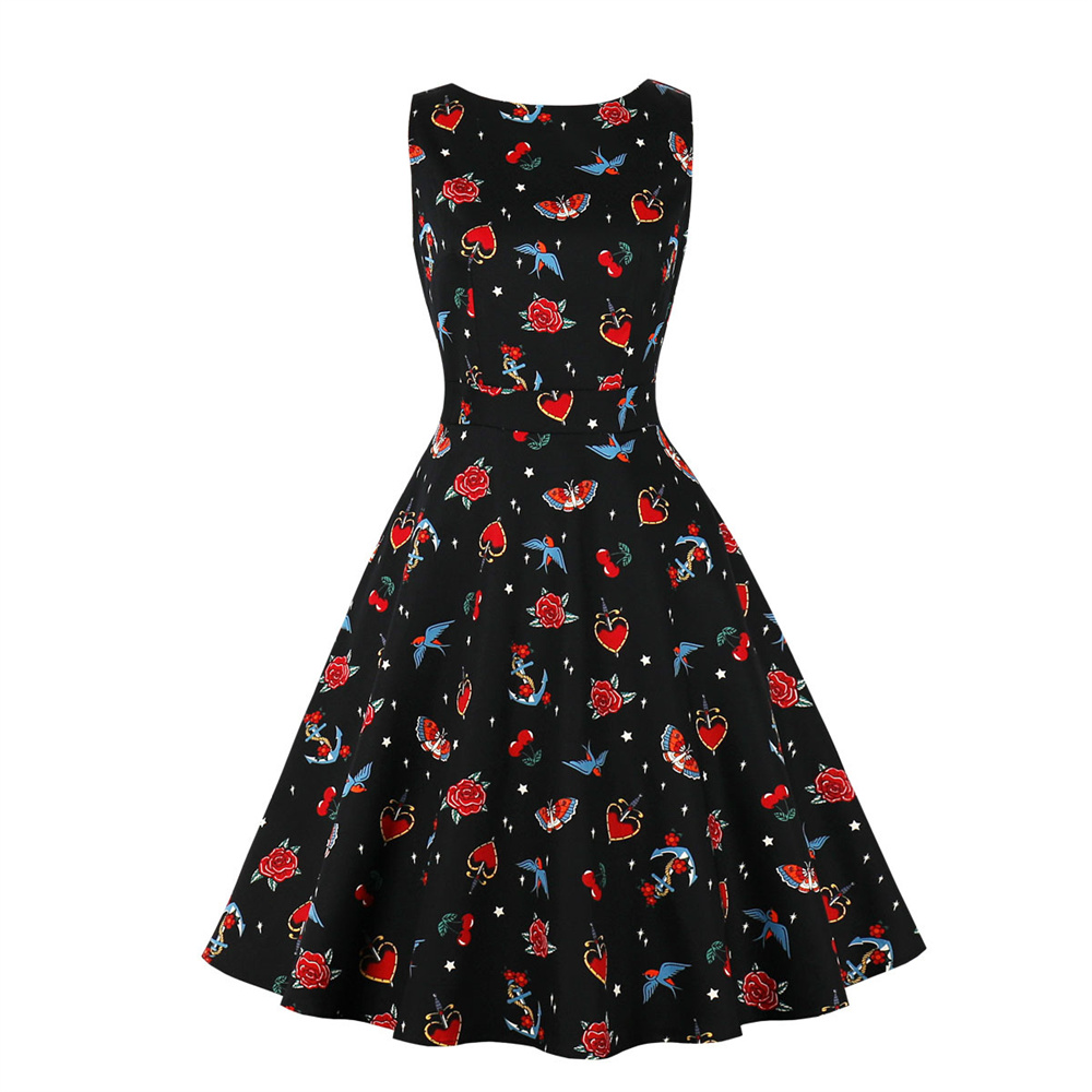 Women Vintage Flower Fruit Print Dress With Pockets Rockabilly Cocktail Party 1950s 40s Swing Dress Summer Dress Sleeveless alx