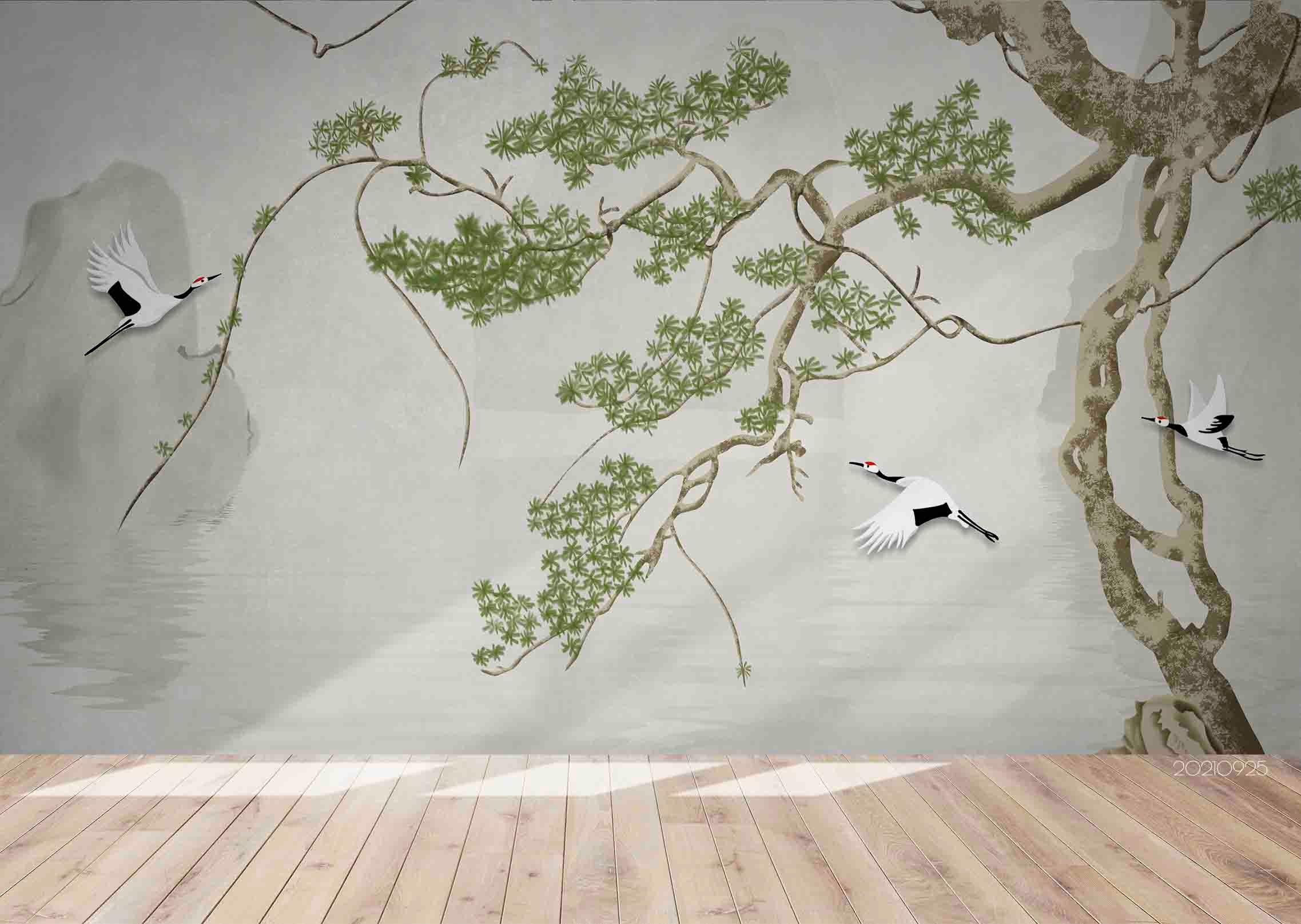 3D Animal Crane Pine Tree Wall Mural Wallpaper Lqh 209