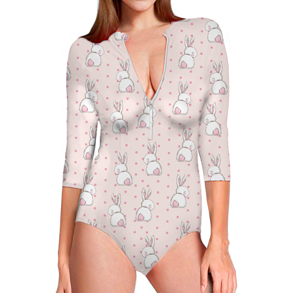 Cute Rabbit Pattern Print Long Sleeve One Piece Swimsuit