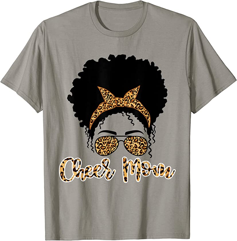 Cheer Mom Afro Hair Messy Bun Leopard Shirt, Mothers Day T-Shirt