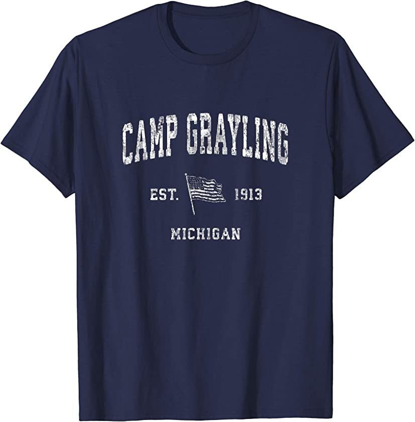 Camp Grayling Michigan MI T-Shirt Vintage US Flag Sports Tee