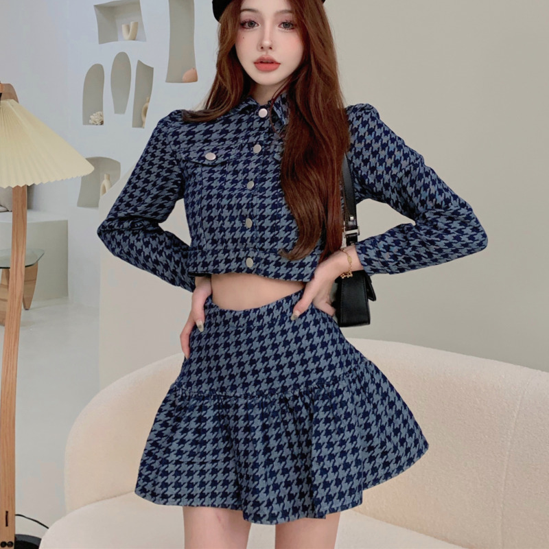 Autumn Houndstooth Vintage Two Piece Set Women Crop Top Short Jacket Coat + Mermaid Skirts Sets Korean Fashion 2 Piece Suits alx