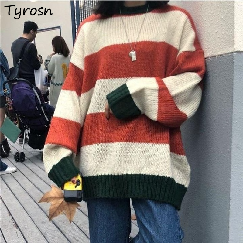 Women Striped Sweaters Patchwork Simple Vintage Preppy Style Schoolgirls Harajuku Clothing Pullovers Warm Knitted Casual Classic alx