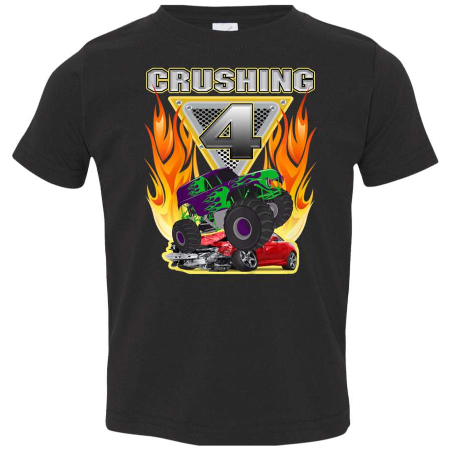 Kids Monster Truck Crushing being 4 four Years Old 4th Birthday TShirt 3321 Rabbit Skins Toddler Jersey T-Shirt