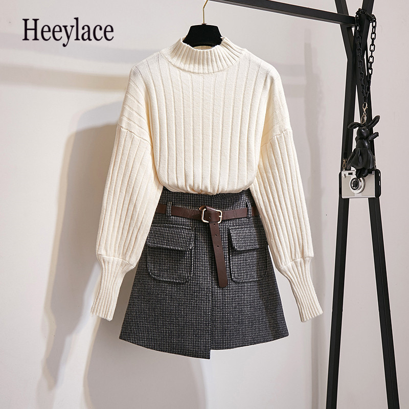 2020 Autumn Winter warm two pieces set for women korean puff sleeve Sweaters Tops+Woollen High Waist Pockets Mini Skirts Sets alx