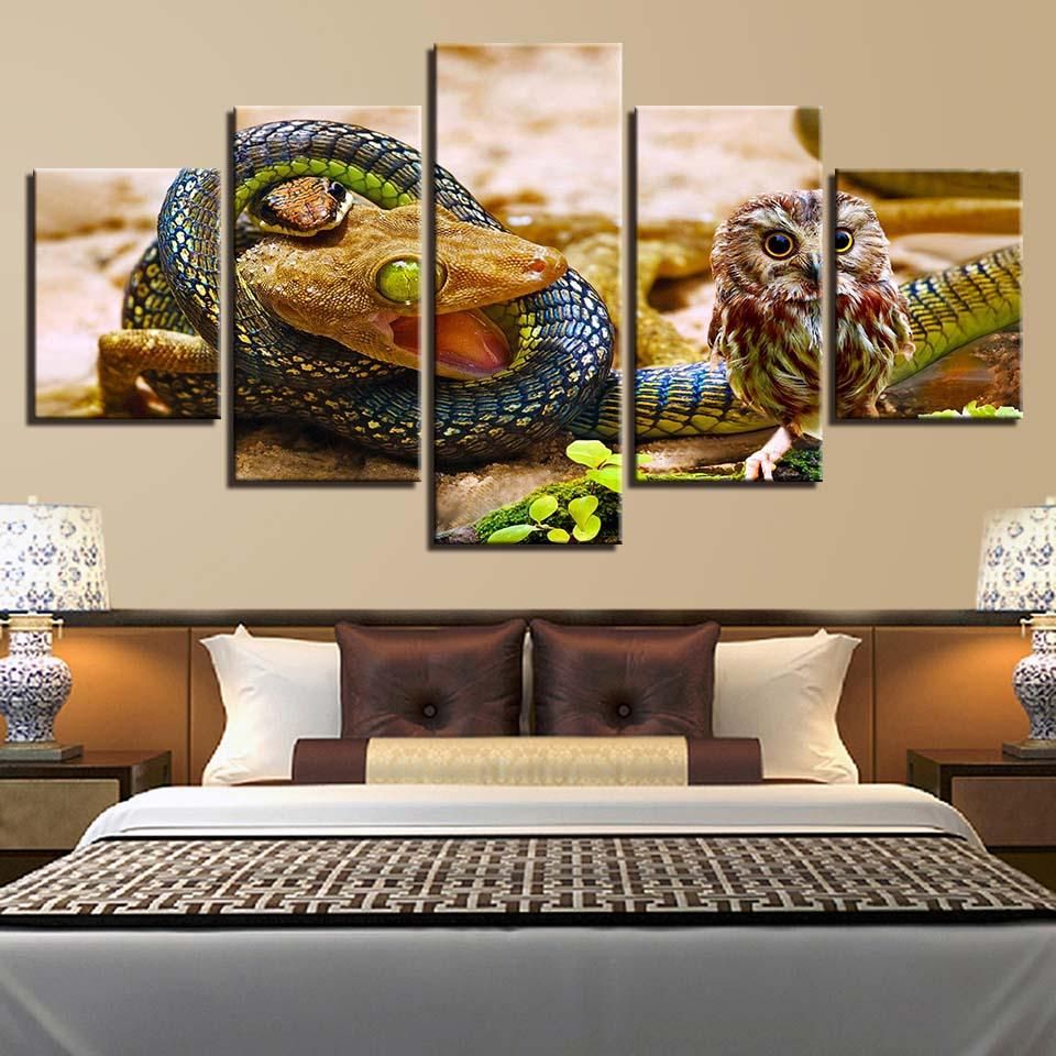 Snakes Lizard And Owls Animal 5 Panel Canvas Art Wall Decor