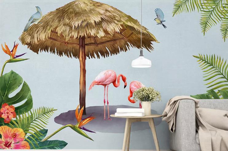 3D Tropical Animal Flamingo Plant Leaf Wall Mural Wallpaper Lqh 371