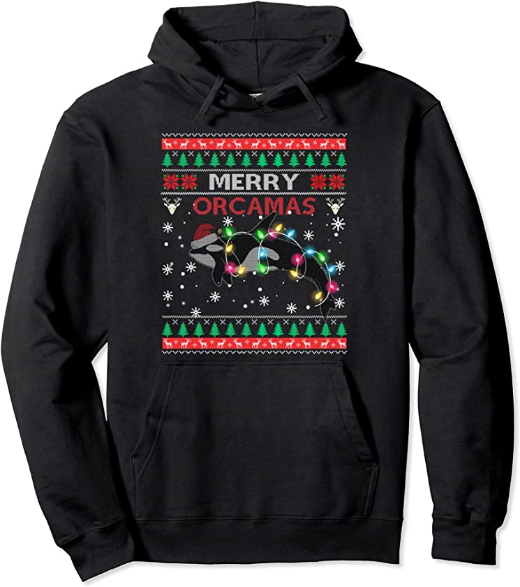 Merry Orcamas Santa Claus Killer Whale Fan Ugly Xmas Sweater Pullover Hoodie