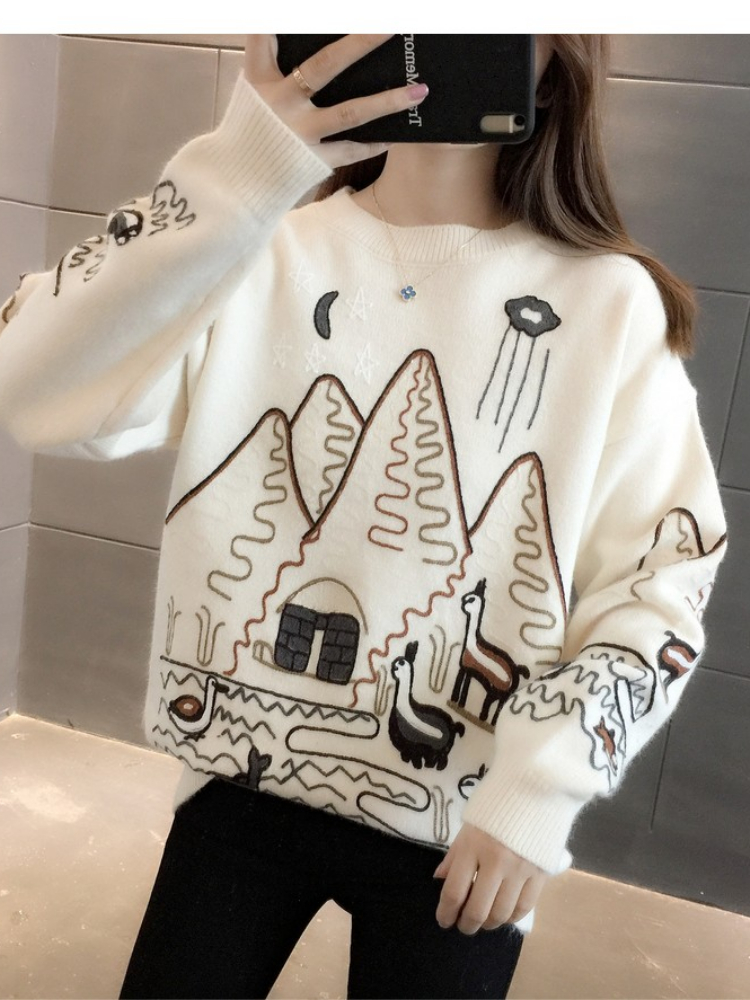 Women Sweater Korean College Style Cartoon Embroidery Winter Knitted Pullovers Loose Long Sleeve O-Neck Jumper Mujer Tops alx