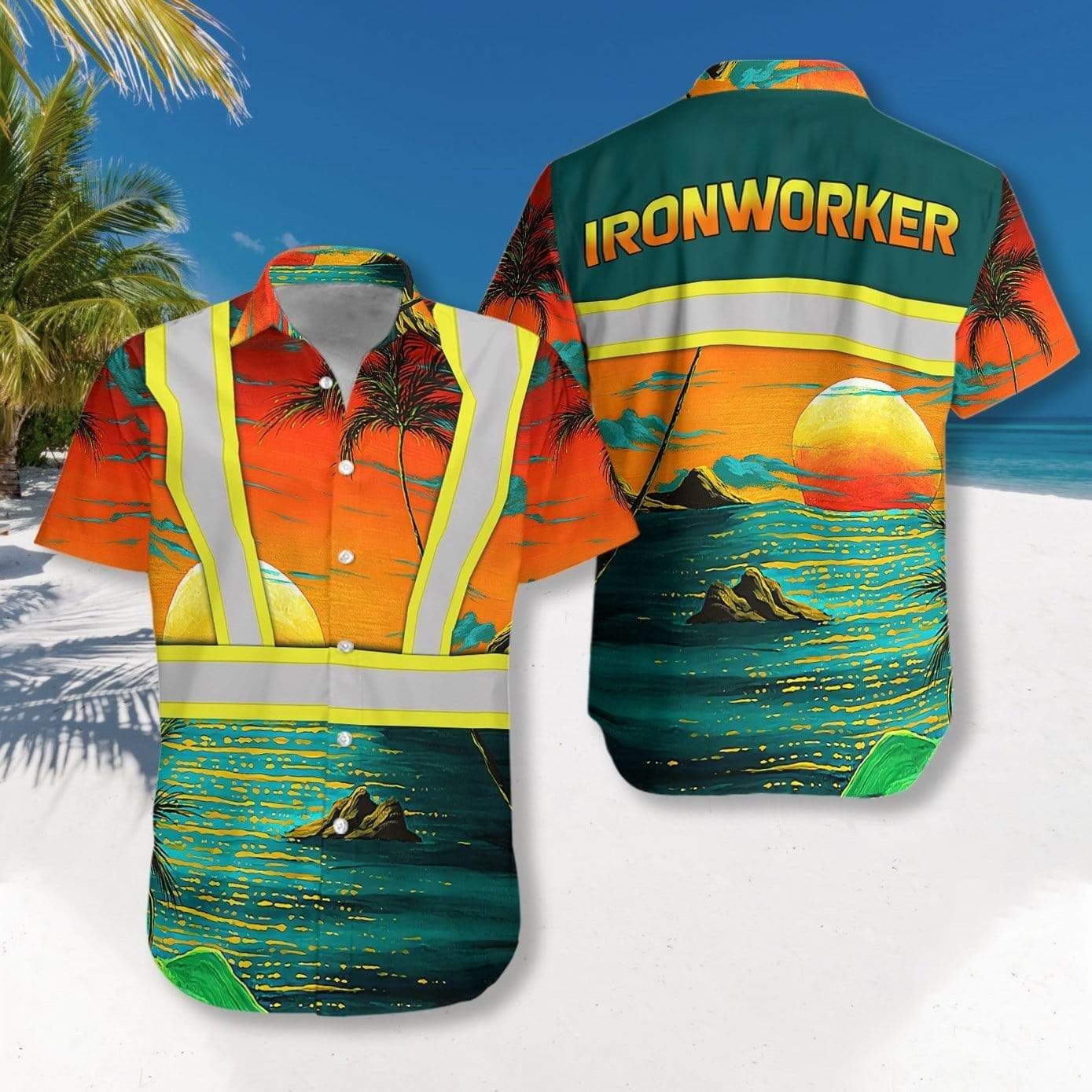 Discover Cool Ironworker Uniform In The Beautiful Sunset Green Orange Hawaii Aloha Shirts Ha101624