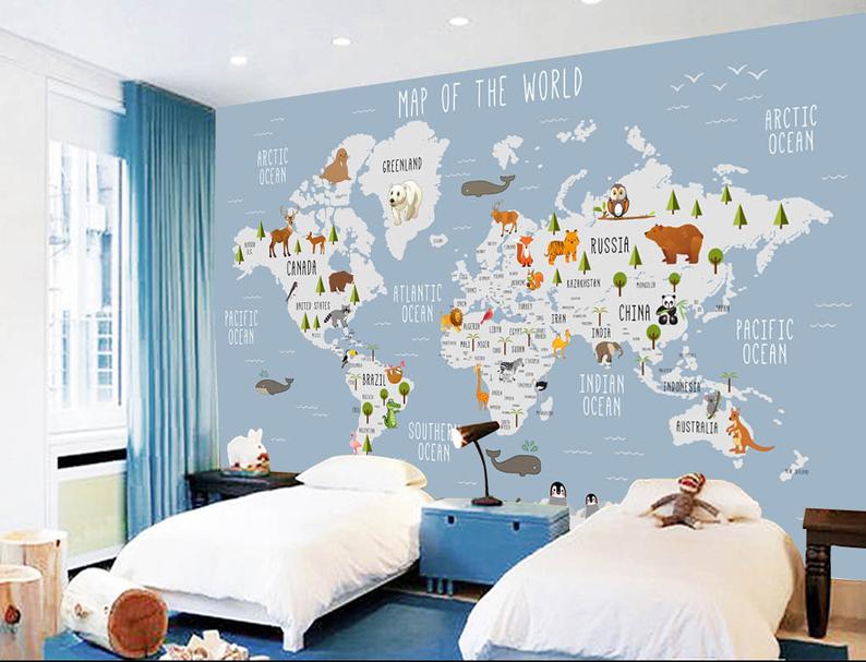 3D Blue Cartoon Animals World Map Wall Mural Wallpaper 126