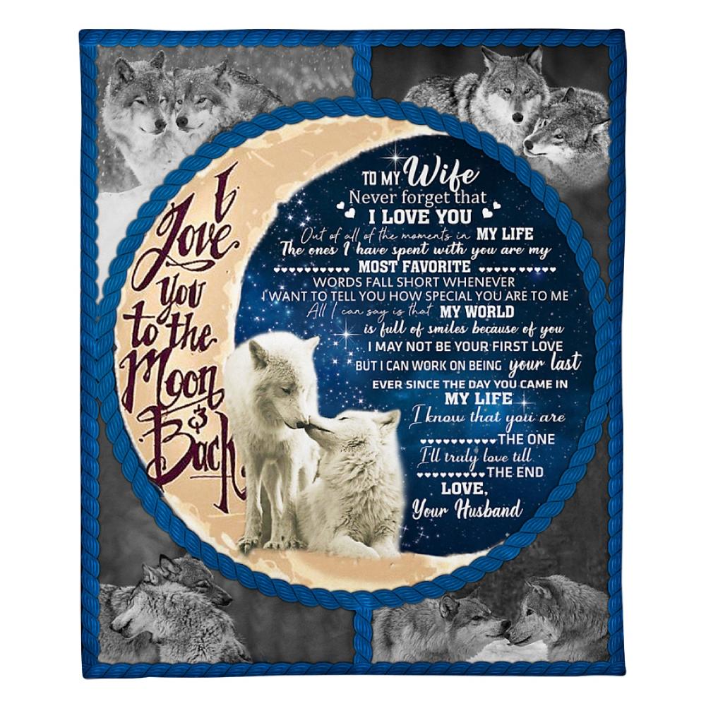 To My Wife Love You To The Moon And Back Wolf Fleece Blanket Family Gift Home Decor Bedding Couch Sofa Soft And Comfy Cozy