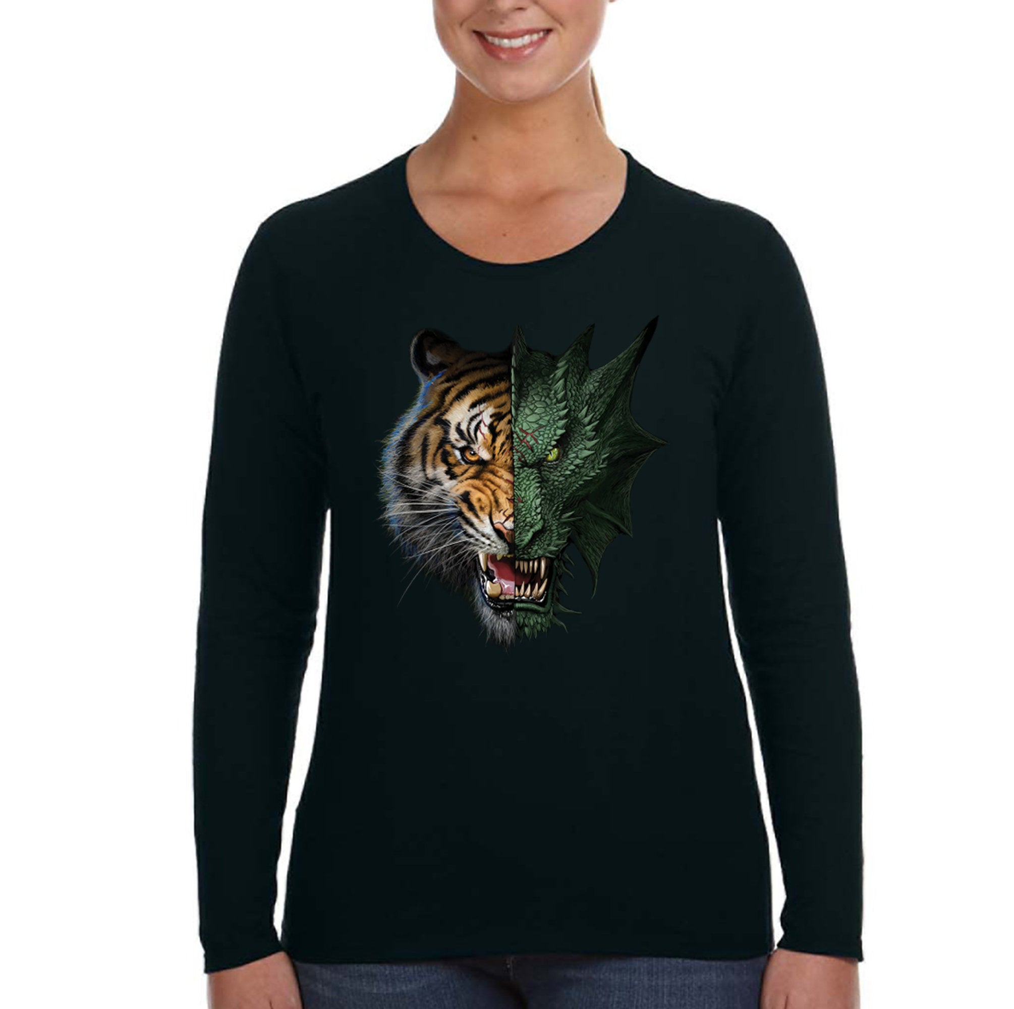 Xtrafly Apparel Women’S Half Dragon Tiger Reptile Lion Animal Long Sleeve T-Shirt