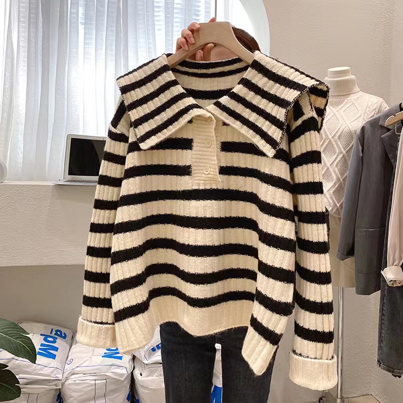 Circyy Women Sweater Striped Peter Pan Collar Pullovers Knitted Tops Autumn Winter 2022 Fashion Korean Loose Jumpers Long Sleeve alx