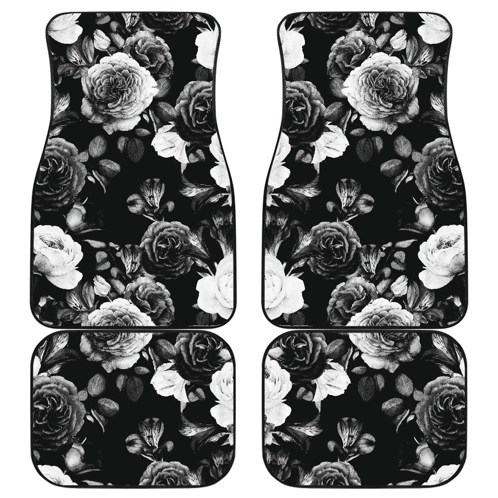 Black White Rose Floral Pattern Print Front And Back Car Floor Mats, Front Car Mat