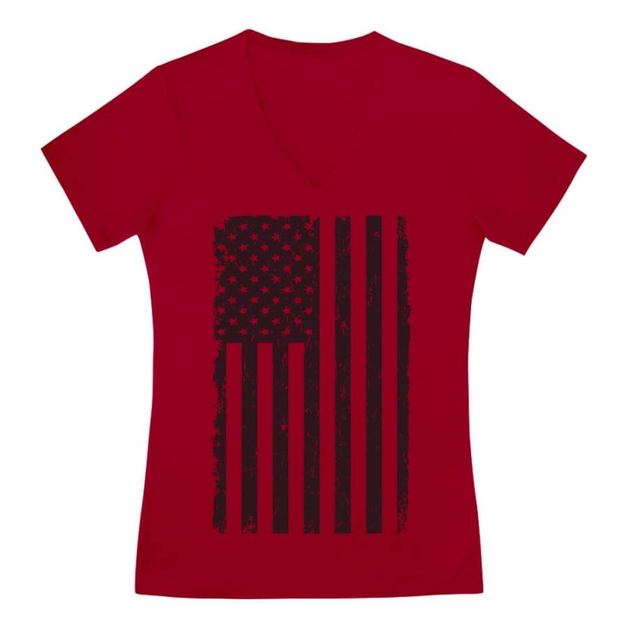 Vintage Distressed USA Flag – Big Black American Flag V-Neck Fitted Women T-Shirt