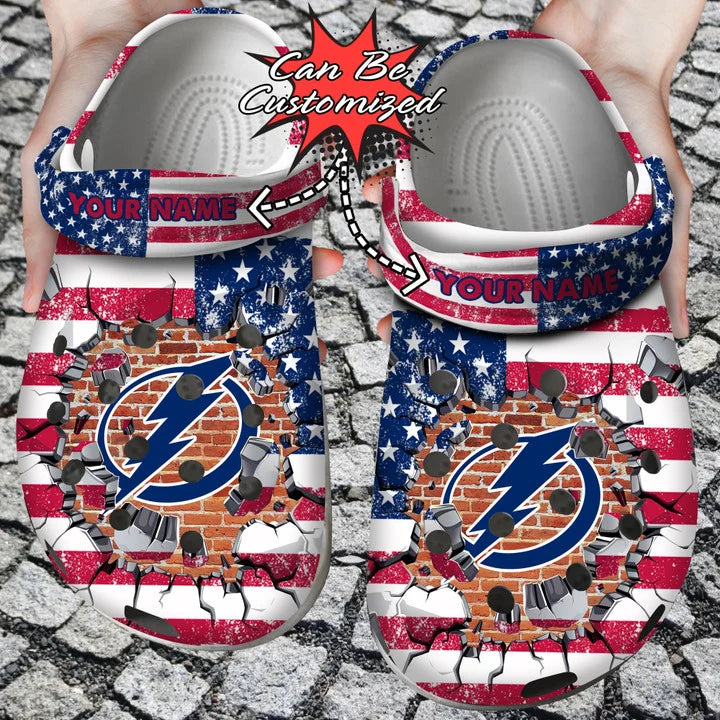 Hockey Crocss – Personalized Tb Lightning American Flag Breaking Wall Clog Shoes