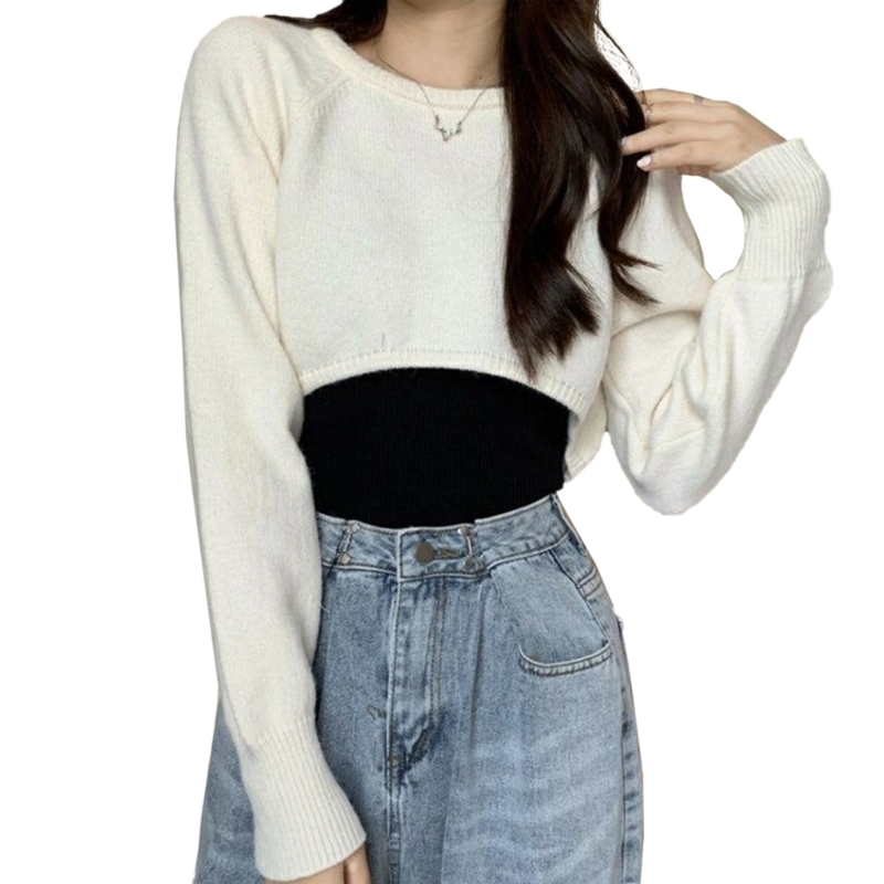 Womens Bubble Long Sleeve Knitted Cropped Sweater Top Harjauku Solid Color Round Neck Loose Jumpers Cover Up Shrug 13MC alx