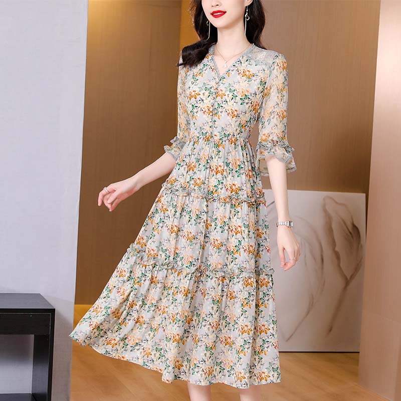 Summer Floral Natural Silk Butterfly Sleeve V-Neck Midi Dress Women Boho Elegant Bodycon Beach Dress 2022 Korean Casual Dresses alx