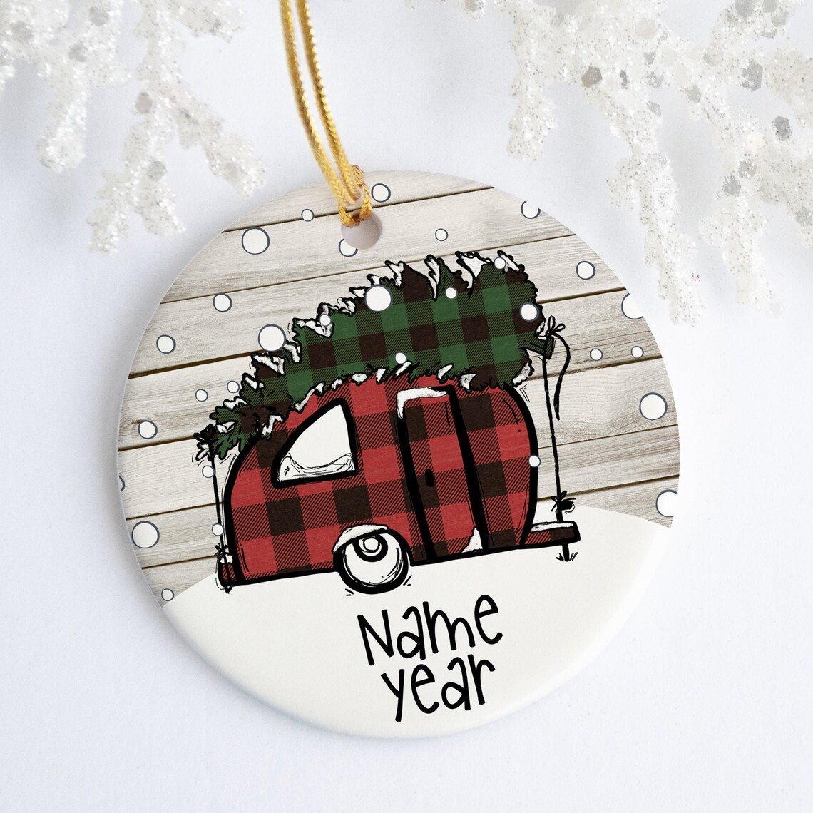 Personalized Trailer Ornament Ceramic Porcelain Holiday Ornament Christmas Name Year Custom Ornament Buffalo Plaid Trailer