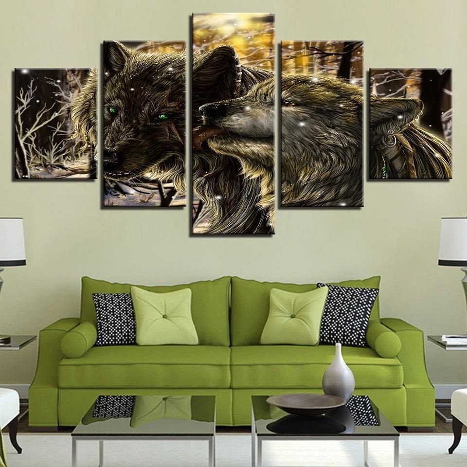 Snow Night Forest Animal Wolves Animal 5 Panel Canvas Art Wall Decor