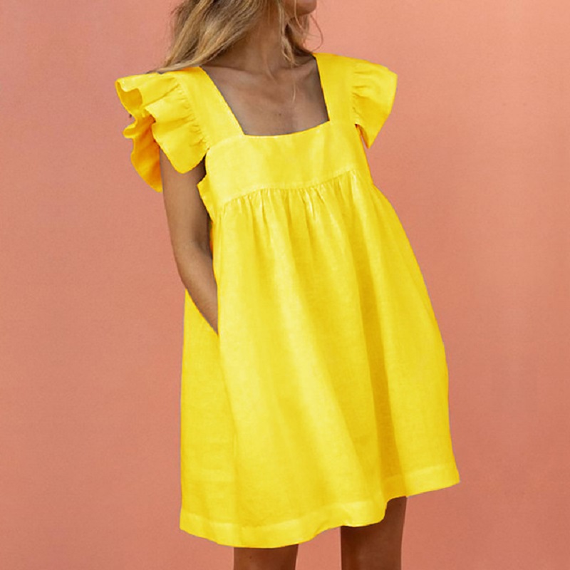 Women Ruffled Mini Dress Summer Cute Square Collar Pocket Dresses Elegant Butterfly Sleeve Beach Party Female Dresses Vestidos alx