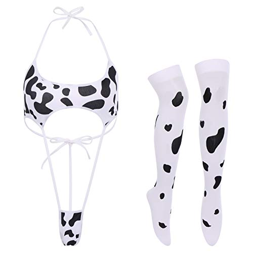 Women Sexy Milk Cow Lingerie Set Anime Maid Cosplay Costume Mini Bikini Bra Bodysuit with Bell Choker Stockings Outfit alx