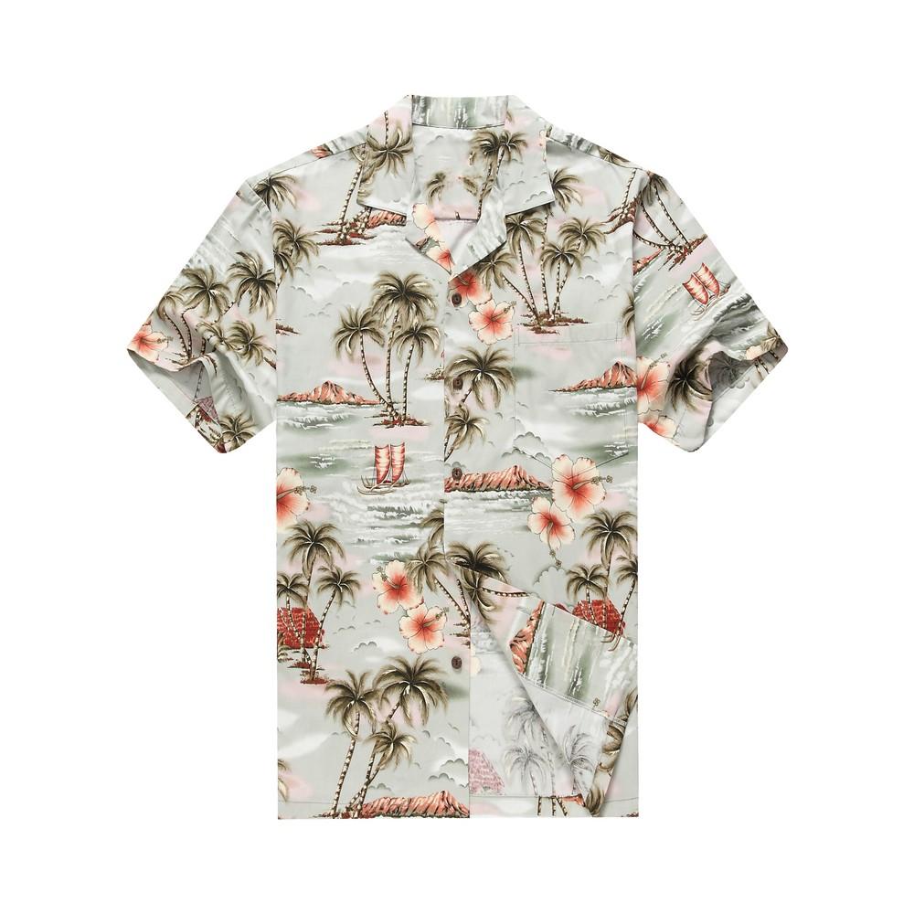 Men's Aloha Shirt Palms Flowers Houses in Grey - Pinotee Store