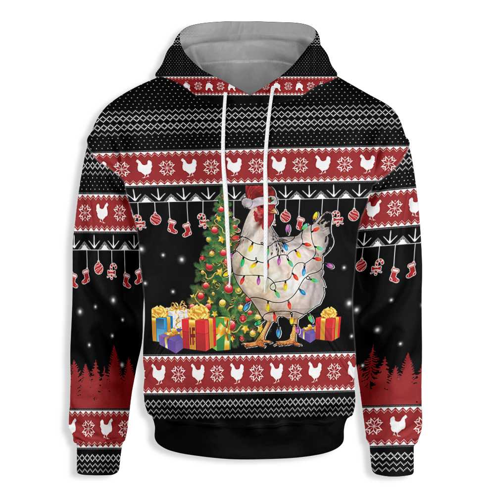 Christmas Farming Chicken All Over Print Hoodie, Xmas Ugly Sweater Graphic Hoodie Black