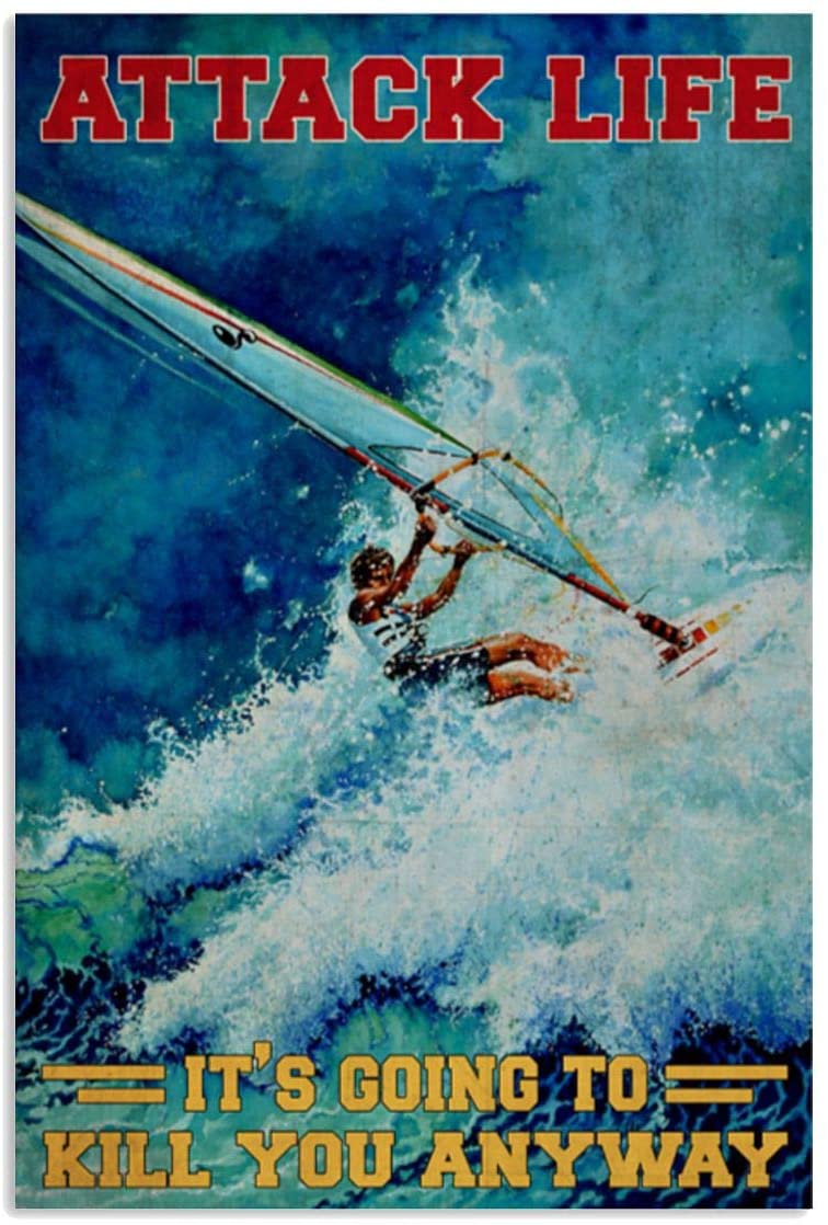 Vintae Man Windsurfing Attack Life Poster Art Print      Home Decor Gift For Men Women Family Friend On Birthday Xmas