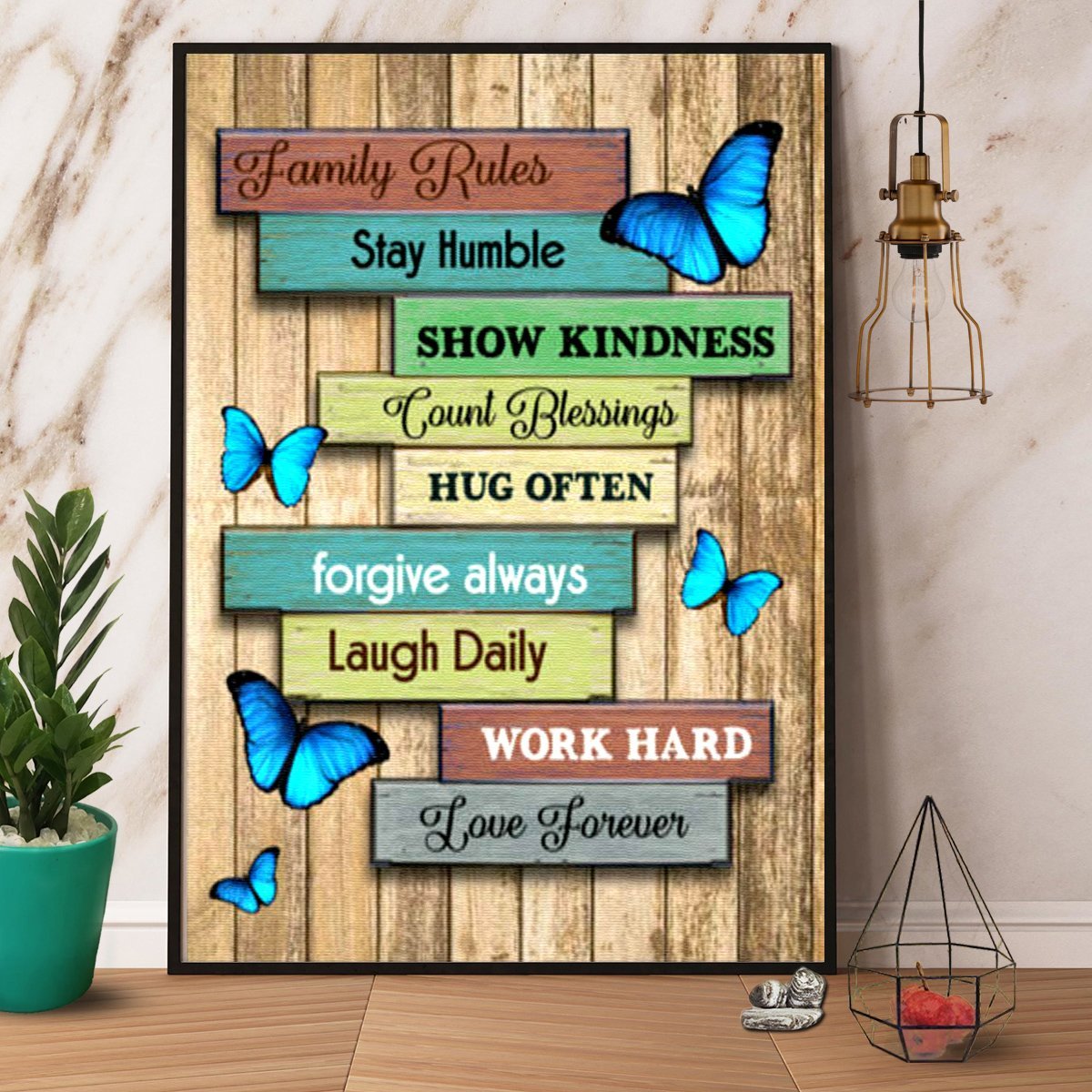 Blue Butterfly Family Rules Stay Humble Show Kindness Vintage Hug Often  Poster No Frame Matte Canvas