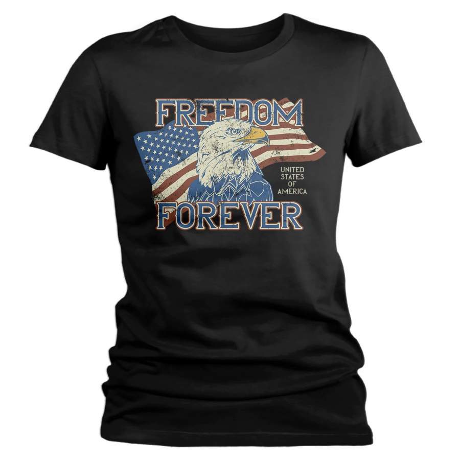 Women’s Vintage America T-Shirt Freedom Forever Vintage Patriotic Shirts 4th July T-Shirt Shirt Flag Independence Day Shirts