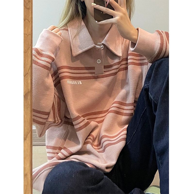 American Academy Fashion Brand Lapel Pink Waffle Stripe Long Sleeve POLO Shirt Women Design Sense Korean casual sweater trend alx