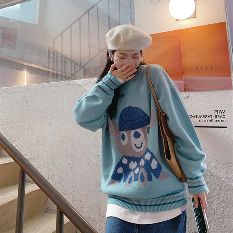 2021 BIGGORANGE Fashion Milky Blue Bear Sweater Women’s Autumn New Loose Korean Lazy Knit Sweater Top Pullover alx