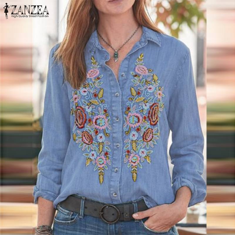 ZANZEA Women Vintage Embroidered Denim Blue Shirts Casual Lapel Neck Floral Blouse Long Sleeve Top Autumn Work Blusas alx