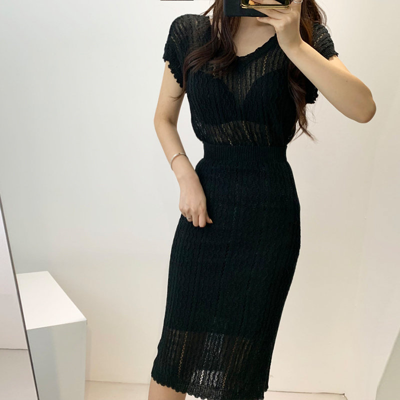 2020 New Summer Double V-neck Short Sleeve Tops + Stretch Bodycon Long Skirts Sweater Set Thin Twist Skirt Knitted 2 piece set alx