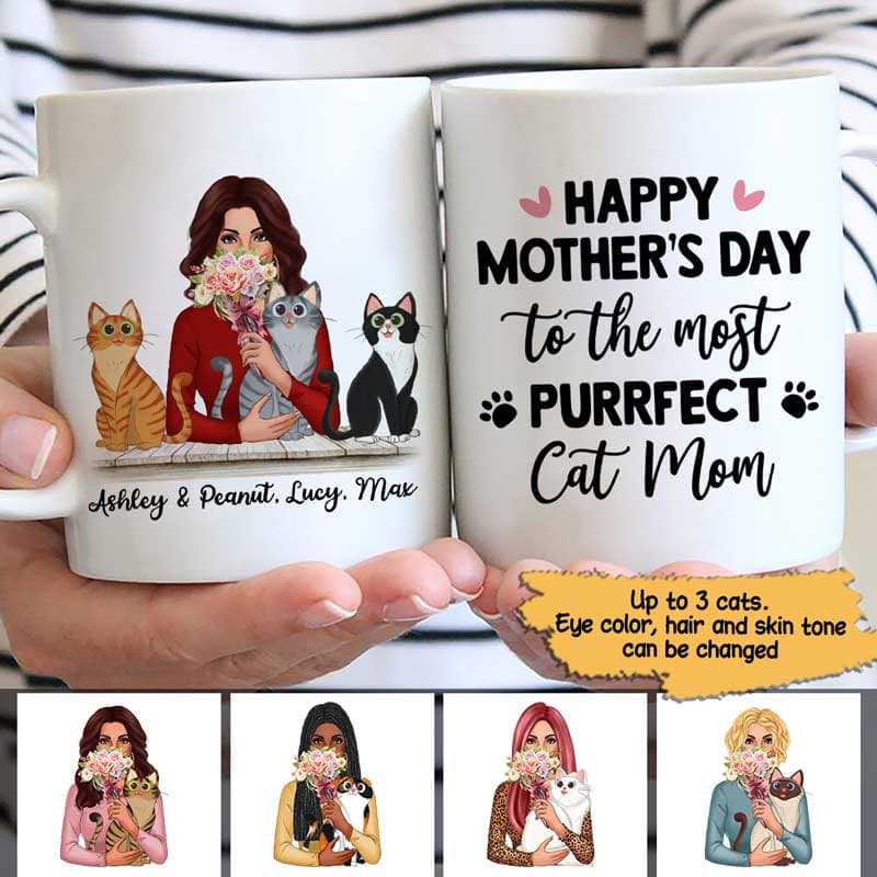 Happy Mother‘S Day Cat Mom Sitting Cat Cartoon Personalized Mug