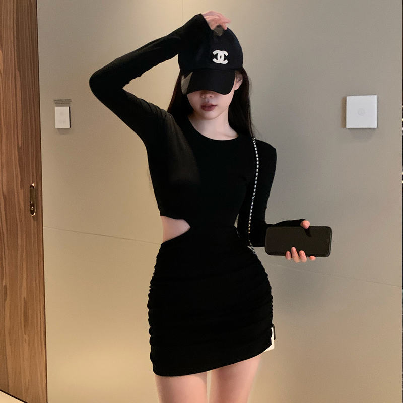 2021 Spring Autumn Korean Temperament High Waist Tight Vintage Sexy Bag Hip Hollow Out One Piece Women’S Fashion Clothing Dress alx