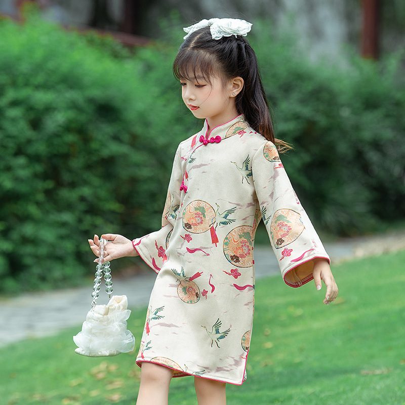 2022 Autumn New Girl Dress Long-Sleeved Improved Cheongsam Children Teenager Chinese Style Princess Dress alx