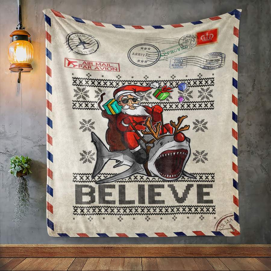 Custom Blanket Believe in Santa Riding Shark Christmas Ugly Sweater – Fleece Blanket