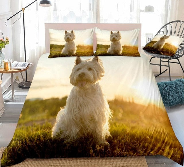 3D White West Highland Terrier And Sunset Dog Lover Animals Duvet Cover Set, Microfiber Fabric Bedding