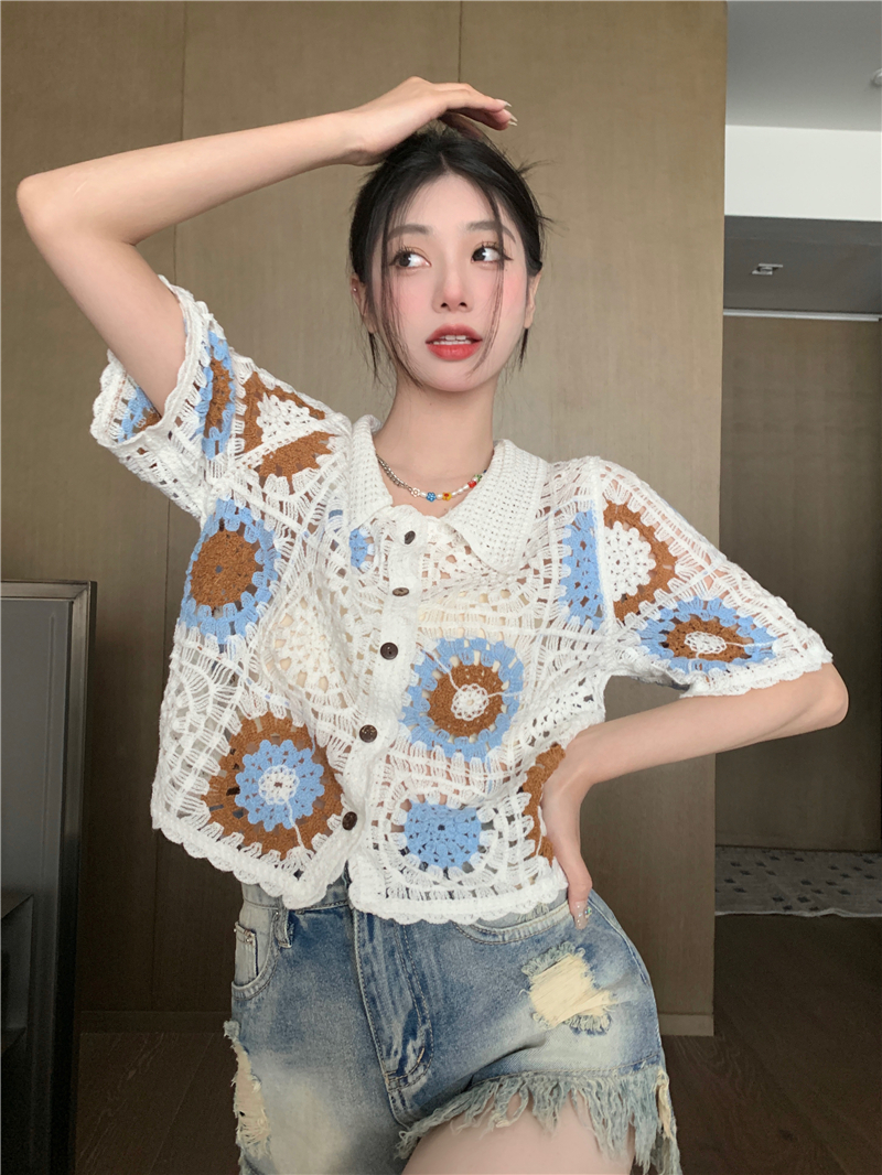 Vintage Sweet Hollow Out Design Short Sleeve Cardigan Women Summer Cropped Girlish Lovely Ulzzang Popular Thin Slim Cozy Hipster alx