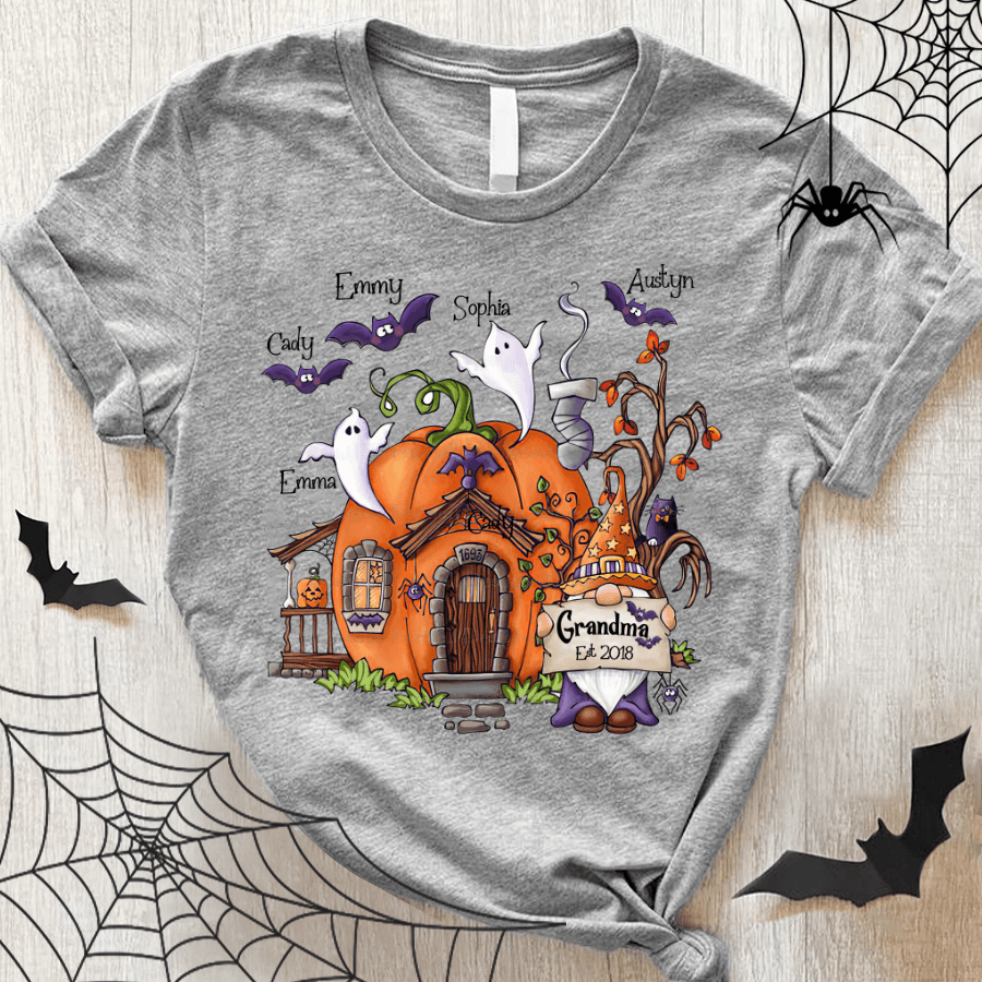 Grandma Est Gnome Pumpkin Halloween Kids Names Shirt