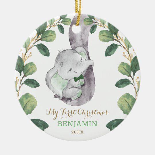 Personalized Ornament Cute Greenery Baby Elephant First Christmas Customized Ceramic Circle Ornament 1 – 2 Sided