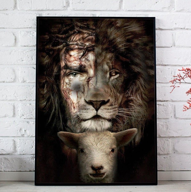 Jesus Lion Lamb Poster/Canvas Wall Art- Gift For Christian, Bible Lover- Christmas Gift For Family Friend- Christmas Decoration-Jesus Canvas