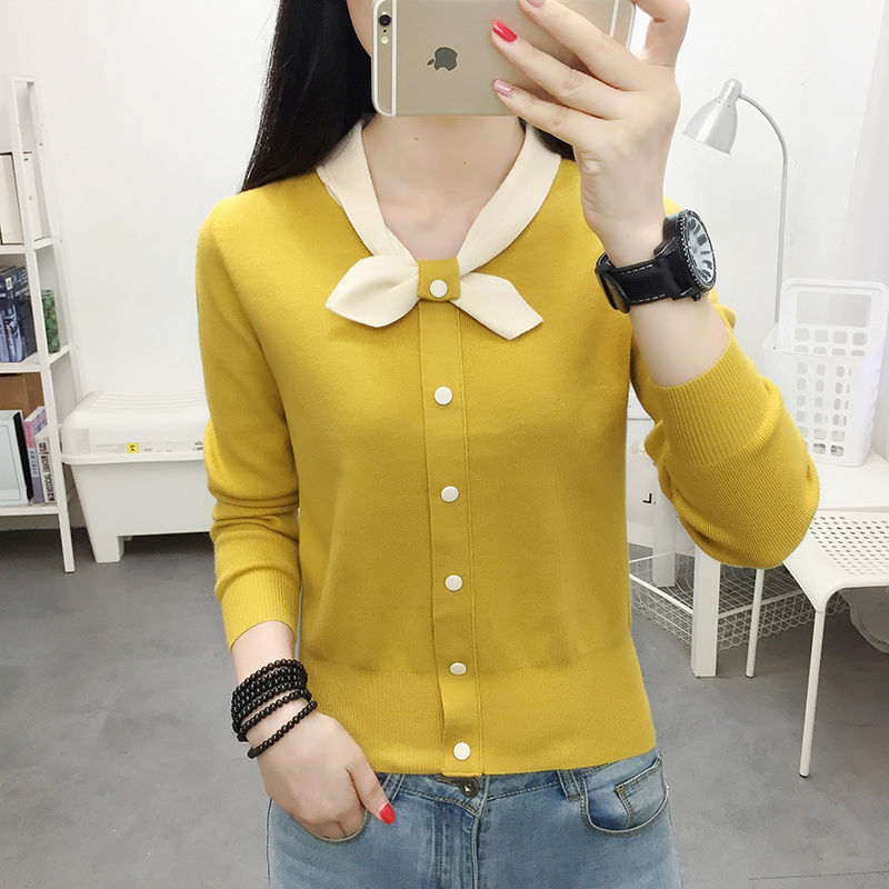 Women’s Autumn Winter Clothing Bow Collar Slim Fit Sweater Long-Sleeved Sweater Short Top For Women alx