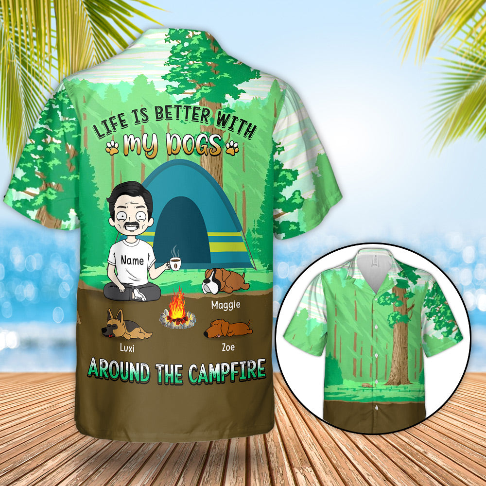 Personalized Life Is Better With My Dogs Around The Campfire Custom Clipart And Background 3D All Over Print Hawaiian Shirt For Dog Lovers And Camping Vr2 Lihd